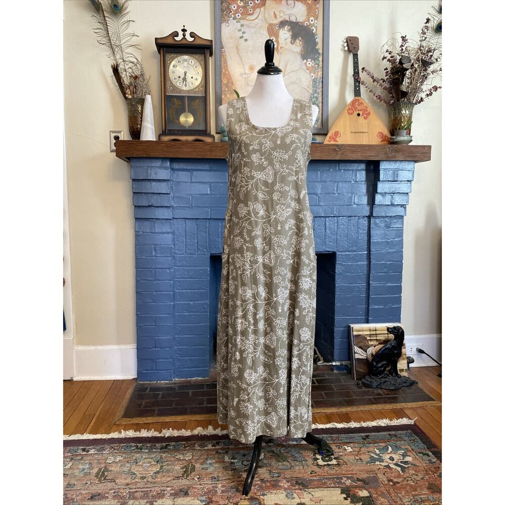 Handmade Hand Crafted LINEN Medium 10/12 Maxi Dress Floral Artsy Lagenlook Boho